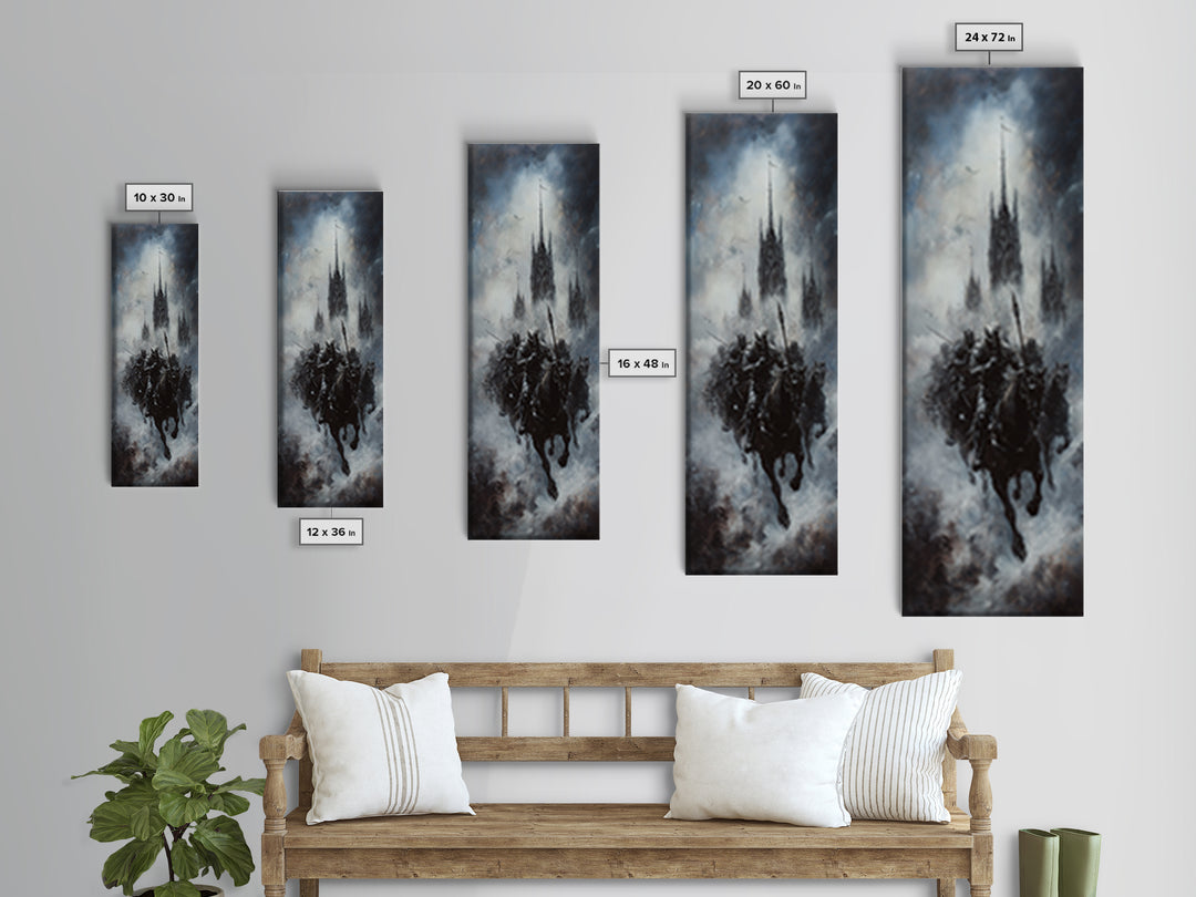 Gothic Floating Citadel And Shadow Knight Wall Art, Dark Fantasy Print, Black And White Art, Moody Medieval Decor For Living Room