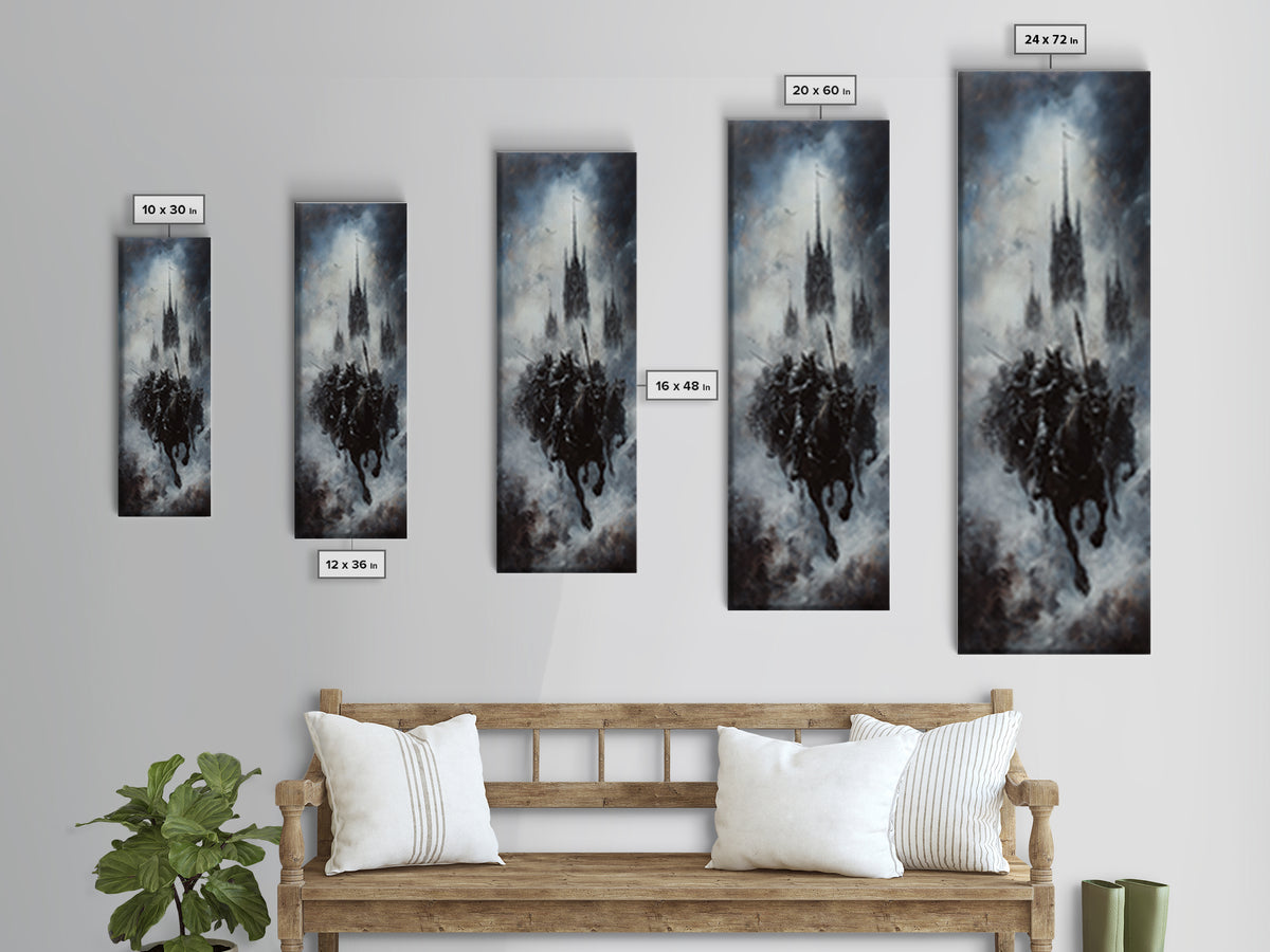 Gothic Floating Citadel And Shadow Knight Wall Art, Dark Fantasy Print, Black And White Art, Moody Medieval Decor For Living Room