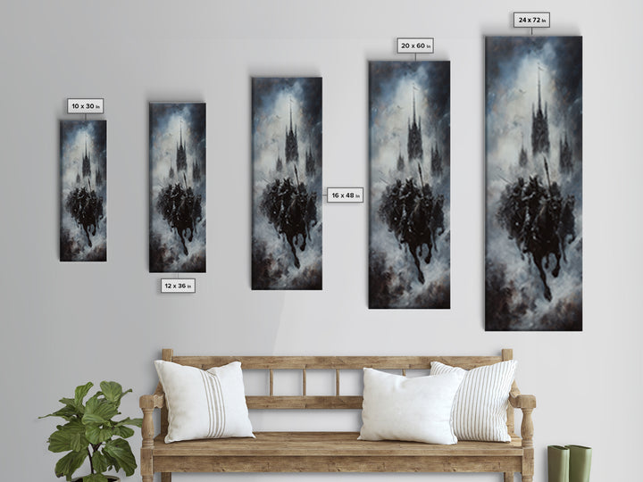 Gothic Floating Citadel And Shadow Knight Wall Art, Dark Fantasy Print, Black And White Art, Moody Medieval Decor For Living Room