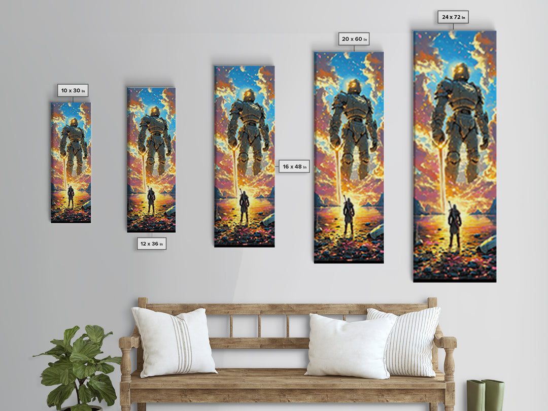 Golden Armored Colossus And Lone Warrior Framed Canvas Print, Epic Fantasy Wall Art, Vibrant Sunset Gaming Room Wall Decor