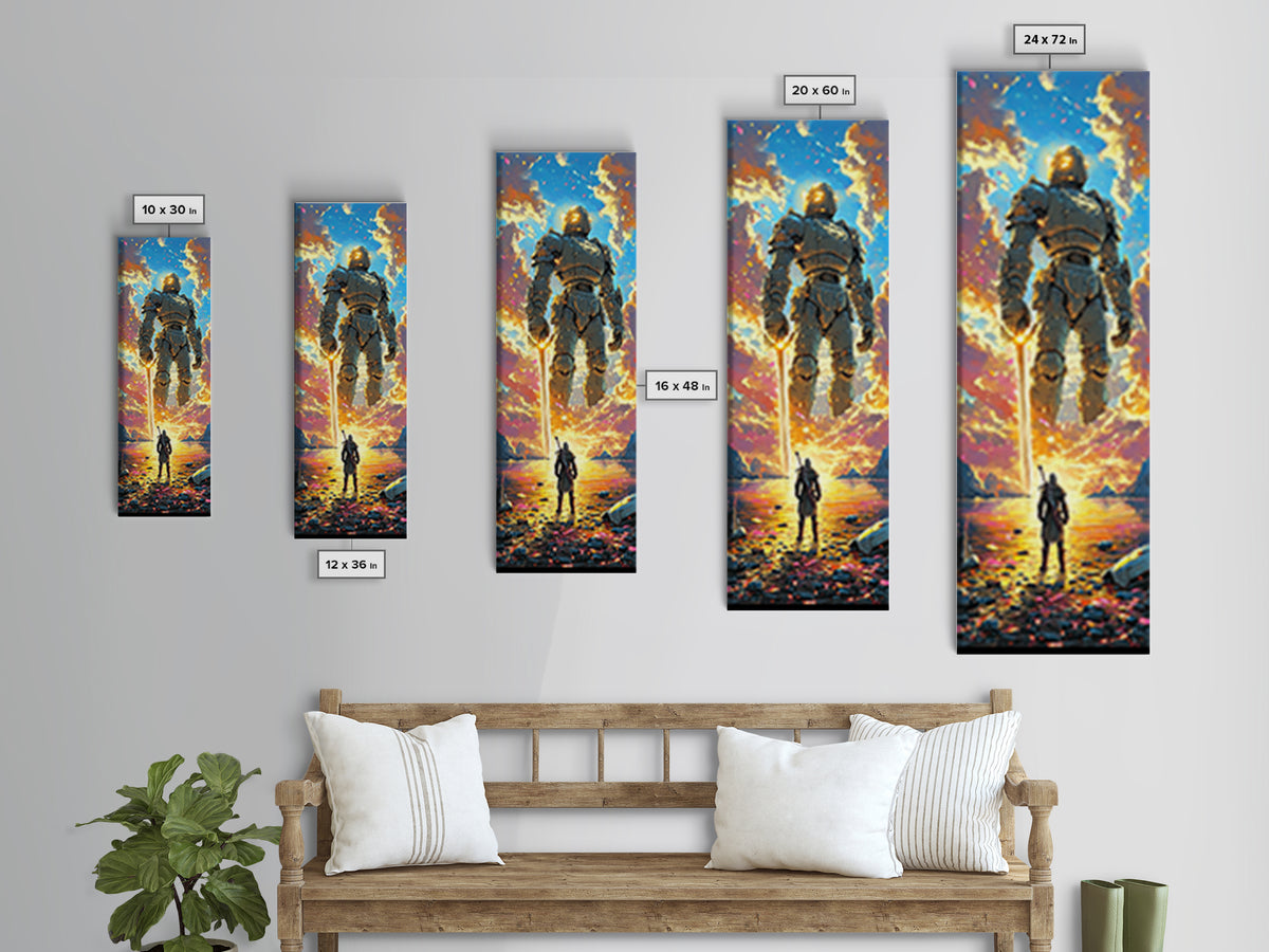 Golden Armored Colossus And Lone Warrior Framed Canvas Print, Epic Fantasy Wall Art, Vibrant Sunset Gaming Room Wall Decor
