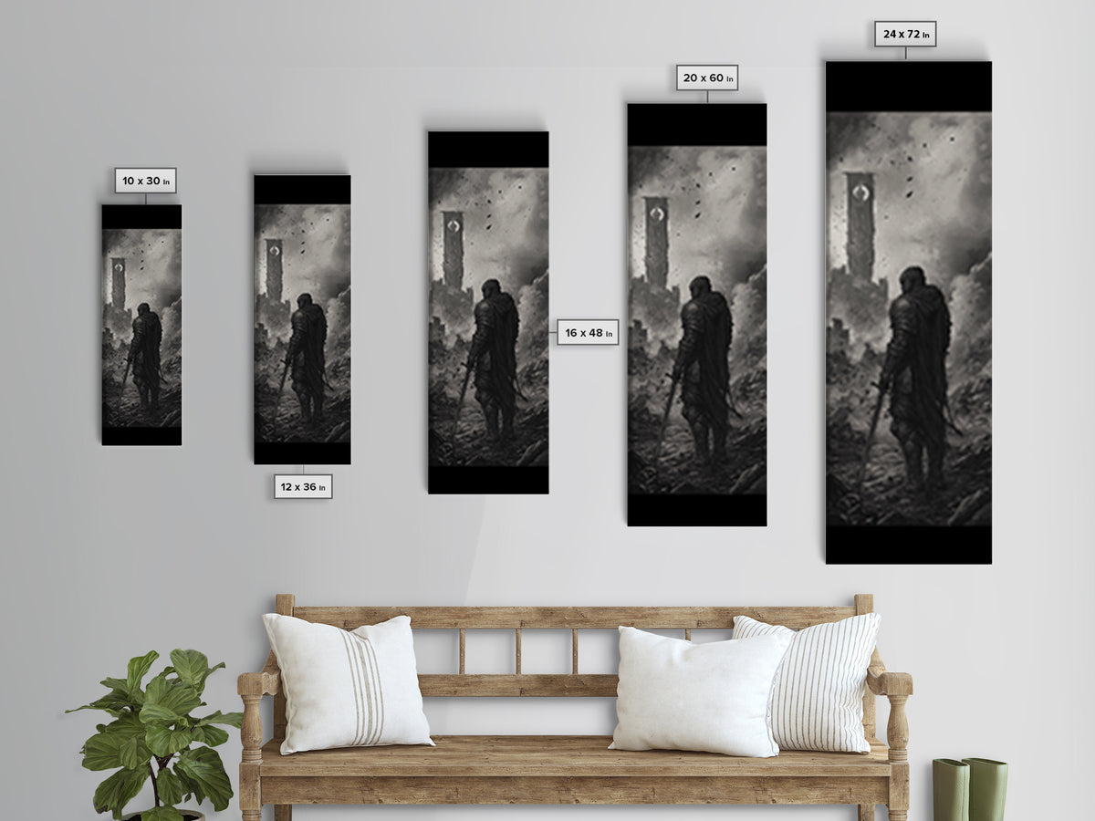 Black And White Lone Knight Near Ruined Tower Wall Art, Dark Fantasy Print, Medieval Landscape, Gothic Office Wall Decor