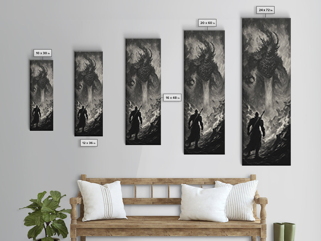 Monochrome Horned Demon Facing Warrior Framed Canvas Print, Dark Fantasy Wall Art, Gothic Black And White Art Decor For Office