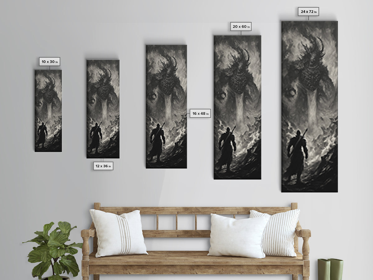 Monochrome Horned Demon Facing Warrior Framed Canvas Print, Dark Fantasy Wall Art, Gothic Black And White Art Decor For Office