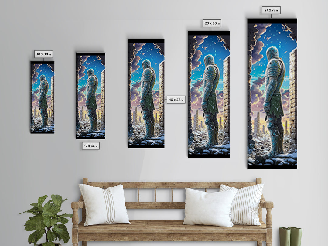 Snowy Armored Knight In Ruined Stone Gate Canvas Print, Fantasy Wall Art, Blue Winter Landscape, Medieval Home Wall Decor