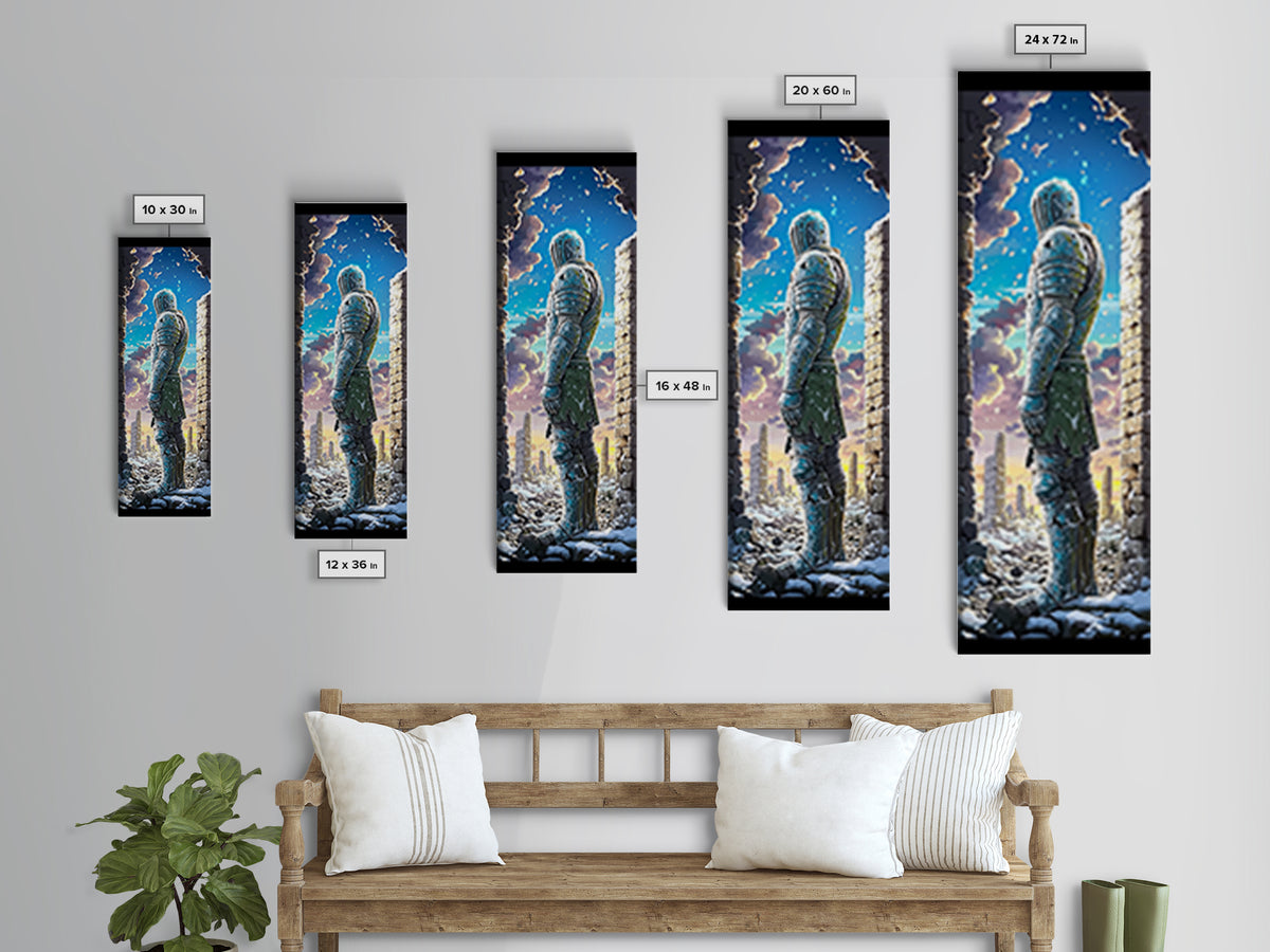 Snowy Armored Knight In Ruined Stone Gate Canvas Print, Fantasy Wall Art, Blue Winter Landscape, Medieval Home Wall Decor