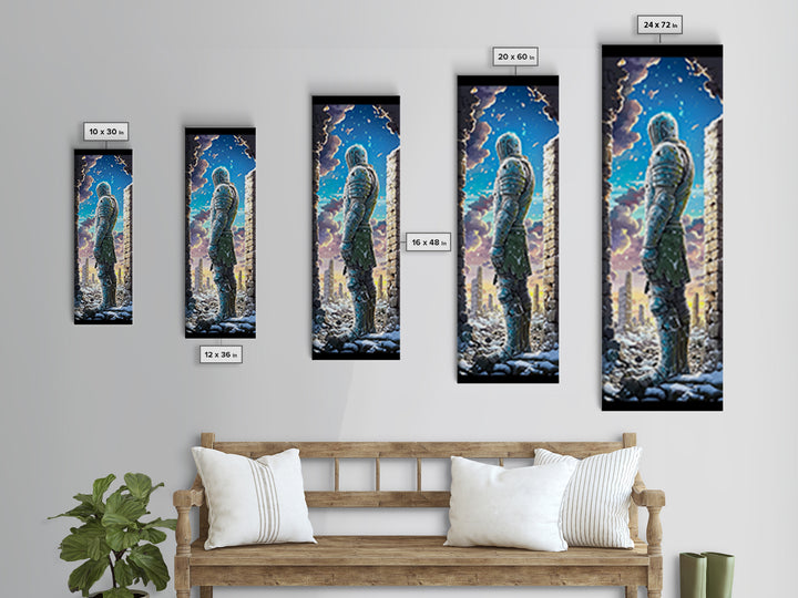 Snowy Armored Knight In Ruined Stone Gate Canvas Print, Fantasy Wall Art, Blue Winter Landscape, Medieval Home Wall Decor