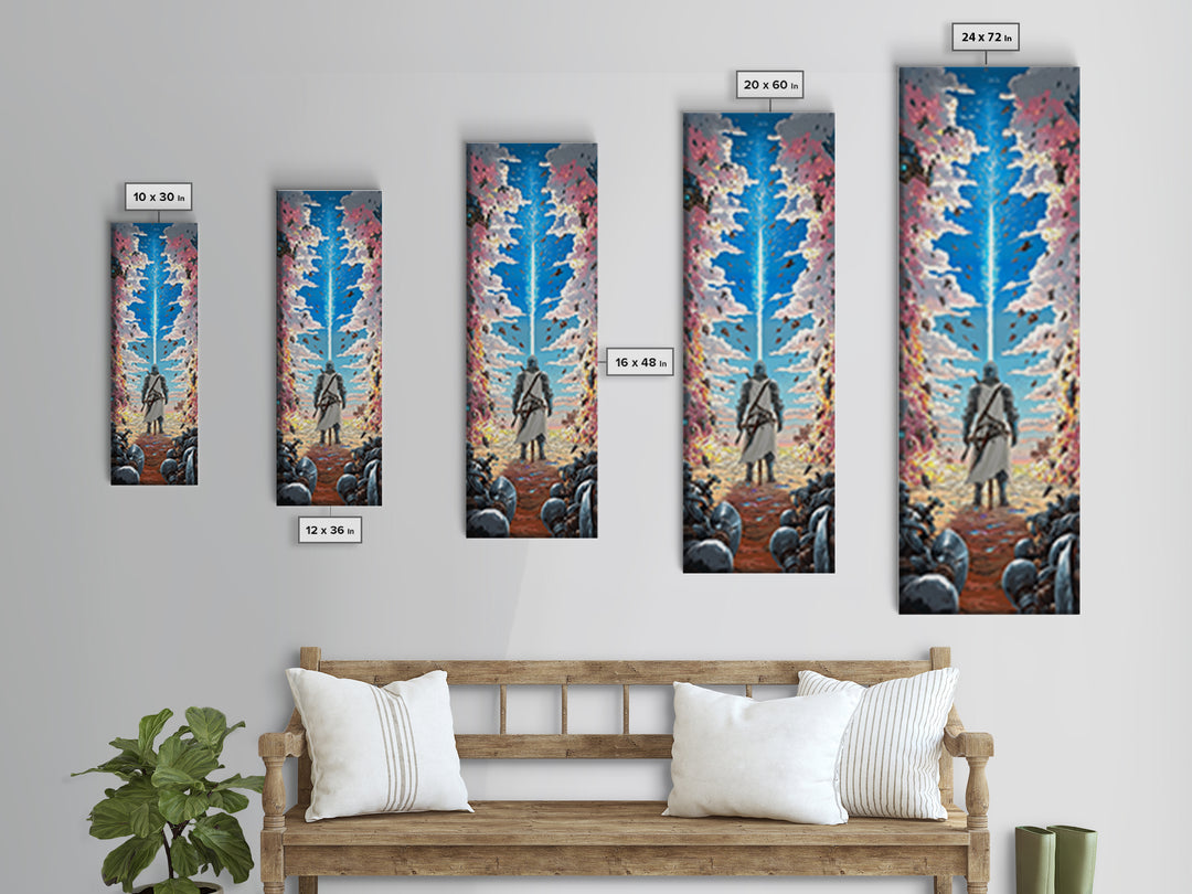 Silver Knight Beneath Celestial Blue Beam Wall Art, Epic Fantasy Print, Cherry Blossom Sky, Vibrant Gaming Room Wall Decor