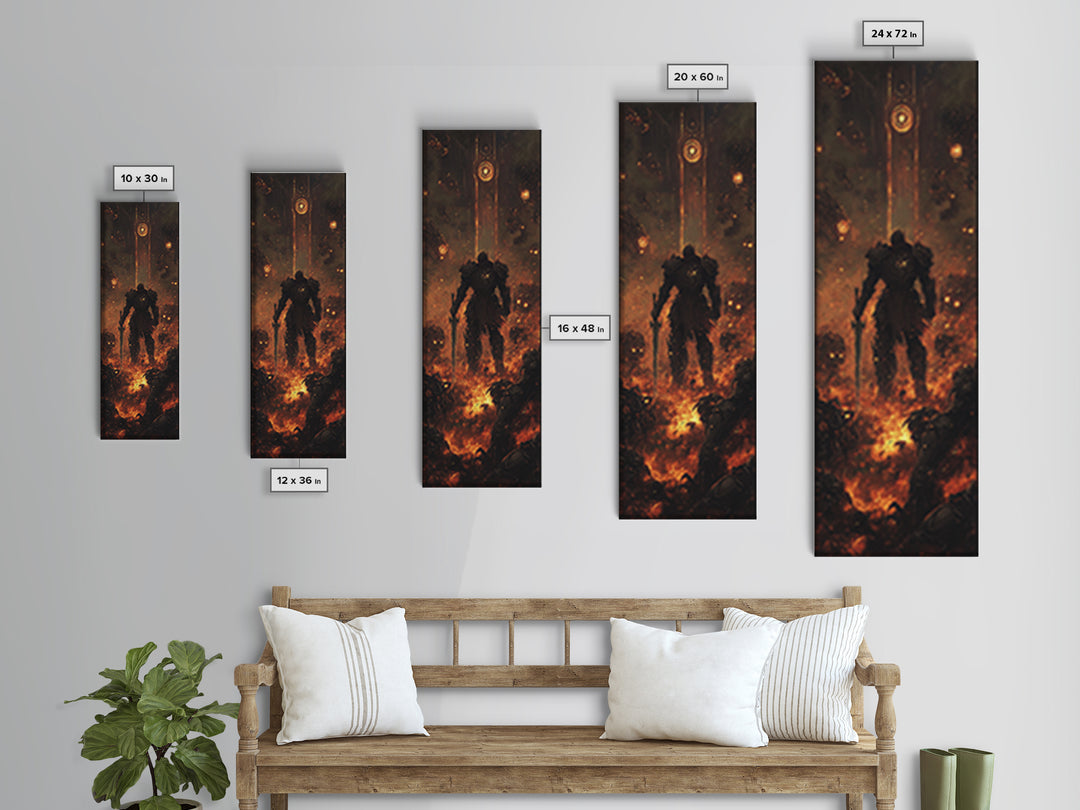 Ember Warrior In Fiery Ruins Framed Canvas Print, Dark Fantasy Wall Art, Gothic Dungeon Scene, Moody Game Room Wall Decor