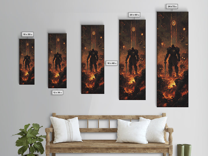 Ember Warrior In Fiery Ruins Framed Canvas Print, Dark Fantasy Wall Art, Gothic Dungeon Scene, Moody Game Room Wall Decor