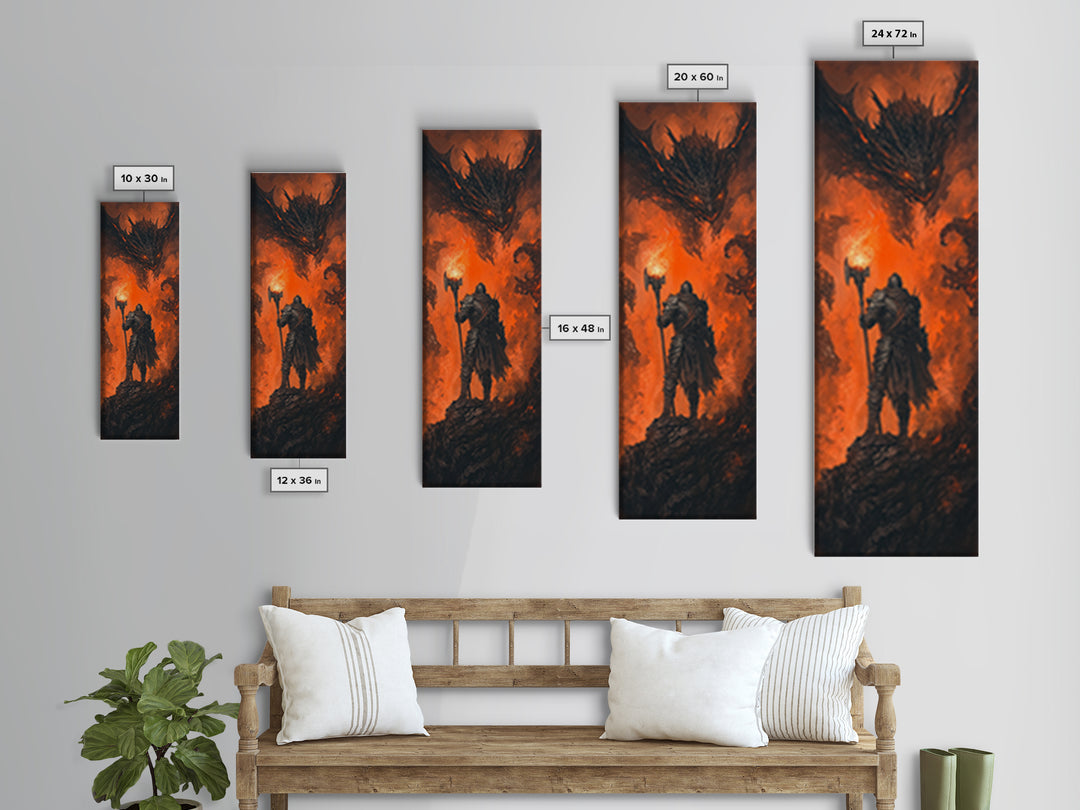 Torch Bearing Warrior Facing Dragon Canvas Print, Dark Fantasy Wall Art, Fire Dragon Art, Gothic Medieval Gaming Room Decor