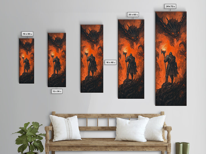 Torch Bearing Warrior Facing Dragon Canvas Print, Dark Fantasy Wall Art, Fire Dragon Art, Gothic Medieval Gaming Room Decor