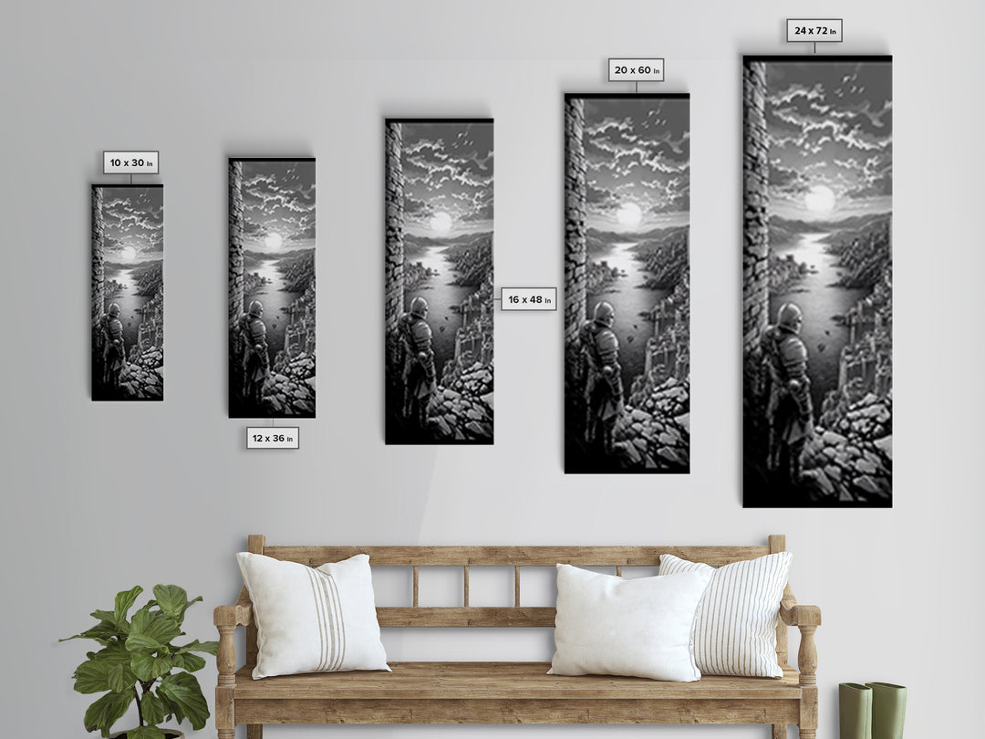 Black And White Knight Over Coastal City Wall Art, Medieval Seascape Print, Gothic Landscape, Fantasy Living Room Wall Decor