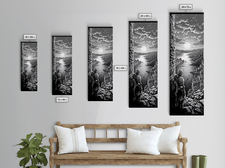 Black And White Knight Over Coastal City Wall Art, Medieval Seascape Print, Gothic Landscape, Fantasy Living Room Wall Decor