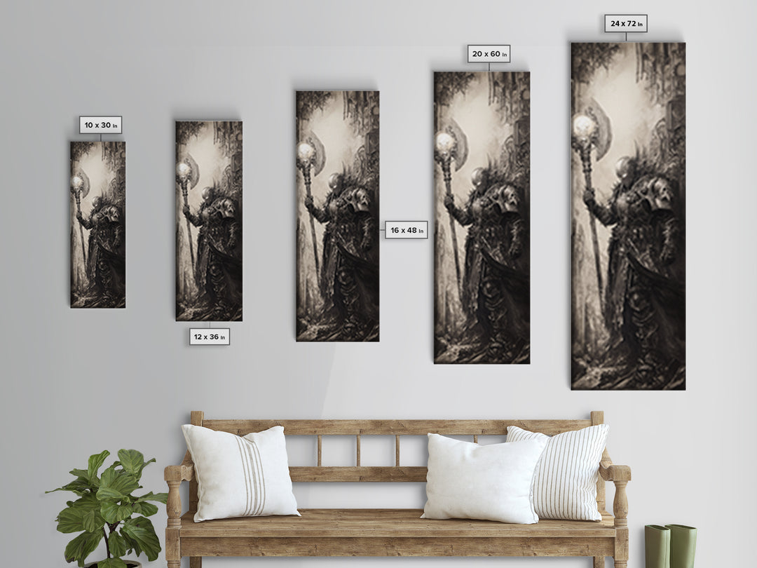 Armored Knight With Glowing Axe Framed Canvas Print, Gothic Fantasy Wall Art, Black And White Medieval Office Decor, Gift For Him