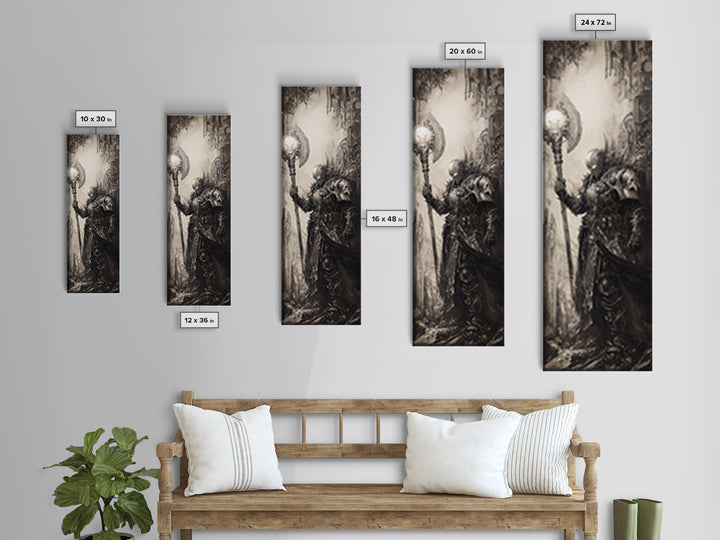Armored Knight With Glowing Axe Framed Canvas Print, Gothic Fantasy Wall Art, Black And White Medieval Office Decor, Gift For Him
