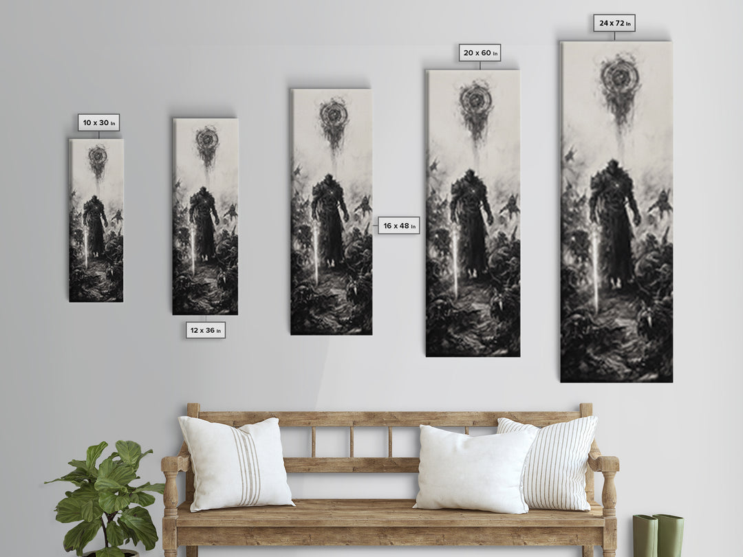 Dark Spiked Warrior Battlefield Wall Art, Gothic Fantasy Canvas Print, Black And White Surreal Art, Medieval Game Room Decor