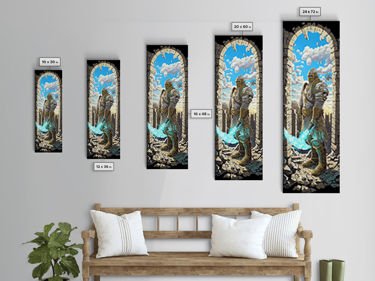 Golden Armored Knight In Ruined Arch Wall Art, Pixel Fantasy Canvas Print, Turquoise Sword Medieval Gamer Room Decor Gift