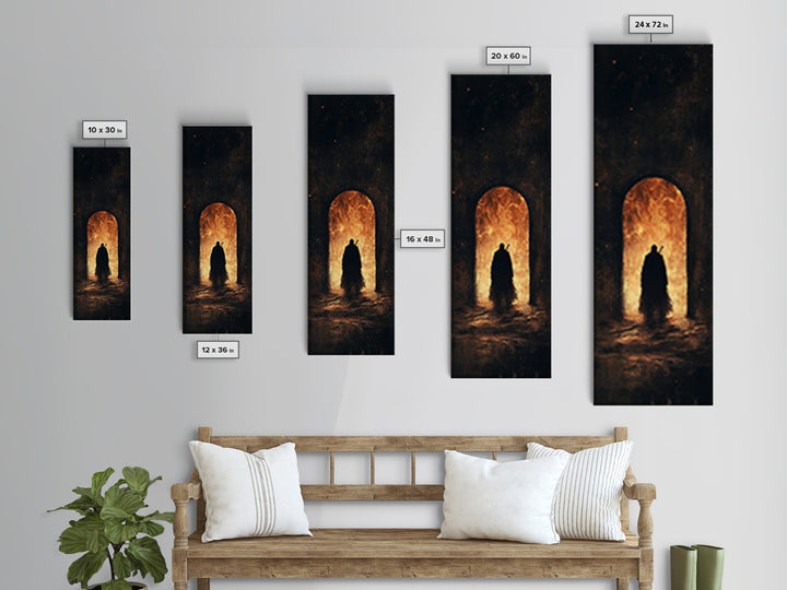 Cloaked Figure Before Fiery Portal Wall Art, Dark Fantasy Canvas Print, Gothic Arch Decor, Moody Surreal Art Gift For Him