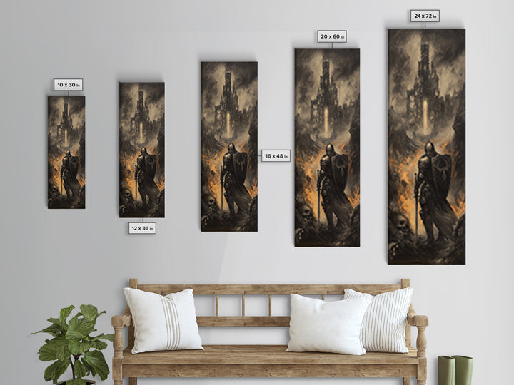 Dark Knight Before Burning Citadel Wall Art, Gothic Fantasy Print, Medieval Castle Decor, Moody Black And White Canvas Art