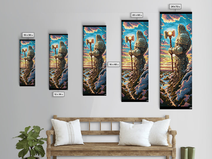 Colossal Stone Knight Canvas Print, Epic Fantasy Guardian Wall Art, Medieval Statue Decor, Sunset Mountain Statement Art