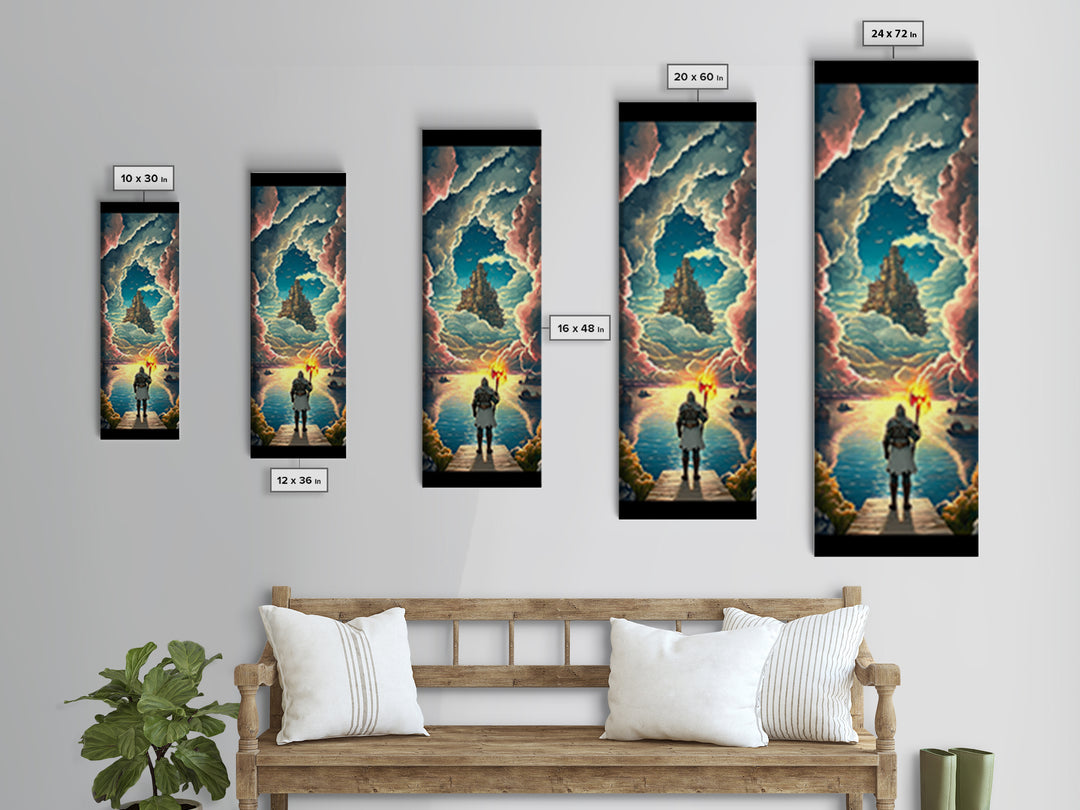 Torch Bearer Floating Castle Canvas Print, Fantasy Sky Portal Wall Art, Medieval Adventure Decor, Magical Lake Artwork Gift