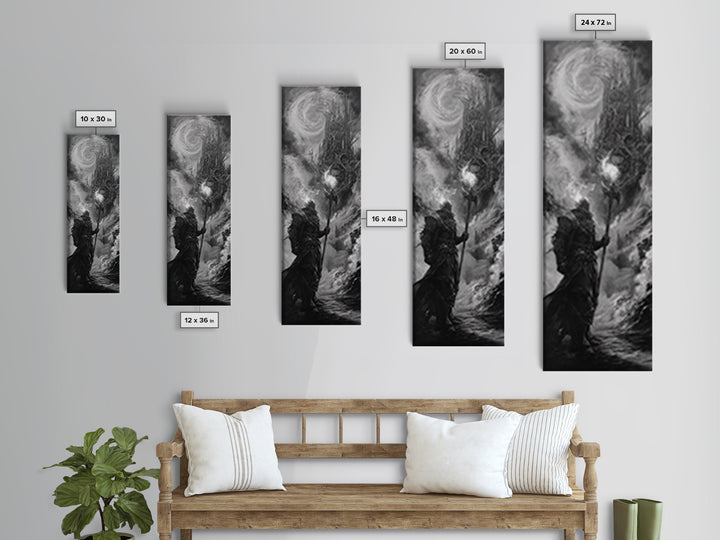 Storm Wizard And Dark Citadel Wall Art, Black And White Fantasy Canvas Print, Gothic Sorcerer Decor, Medieval Office Art
