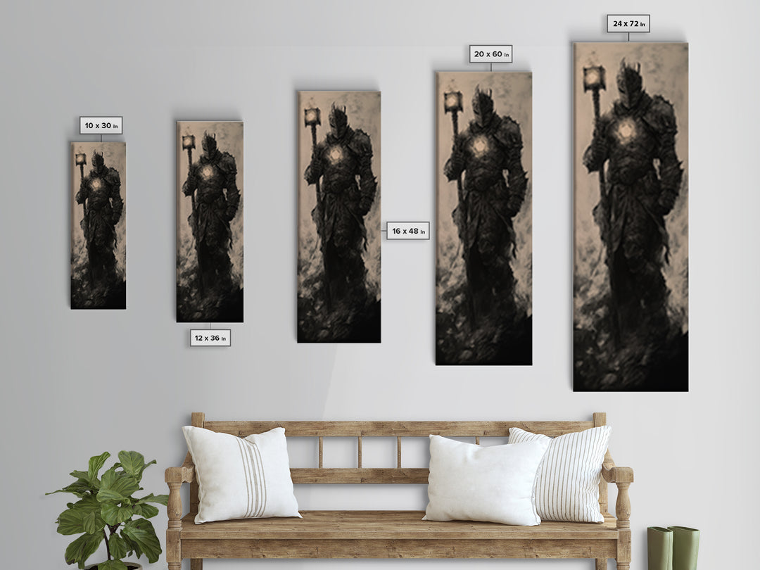 Dark Armored Knight With Glowing Lantern, Gothic Fantasy Wall Art, Black And White Medieval Canvas, Dark Academia Decor Print