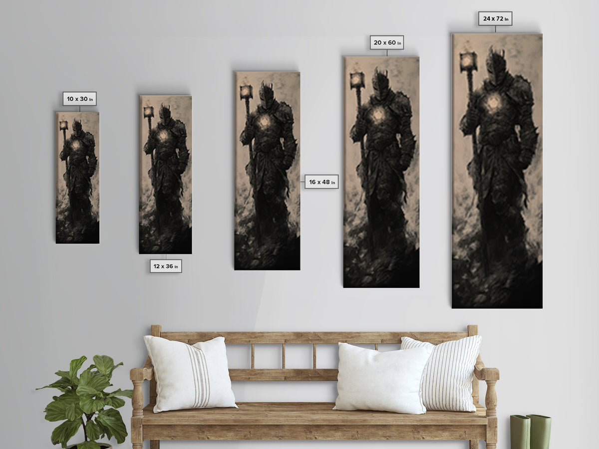 Dark Armored Knight With Glowing Lantern, Gothic Fantasy Wall Art, Black And White Medieval Canvas, Dark Academia Decor Print