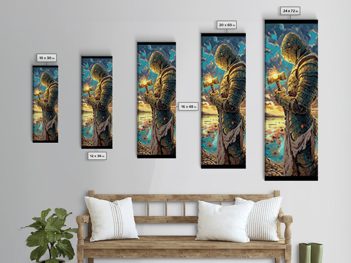 Sunset Templar Knight Holding Glowing Hammer, Fantasy Framed Canvas Print, Medieval Coastal Wall Decor, Gift For Him, Living Room Art