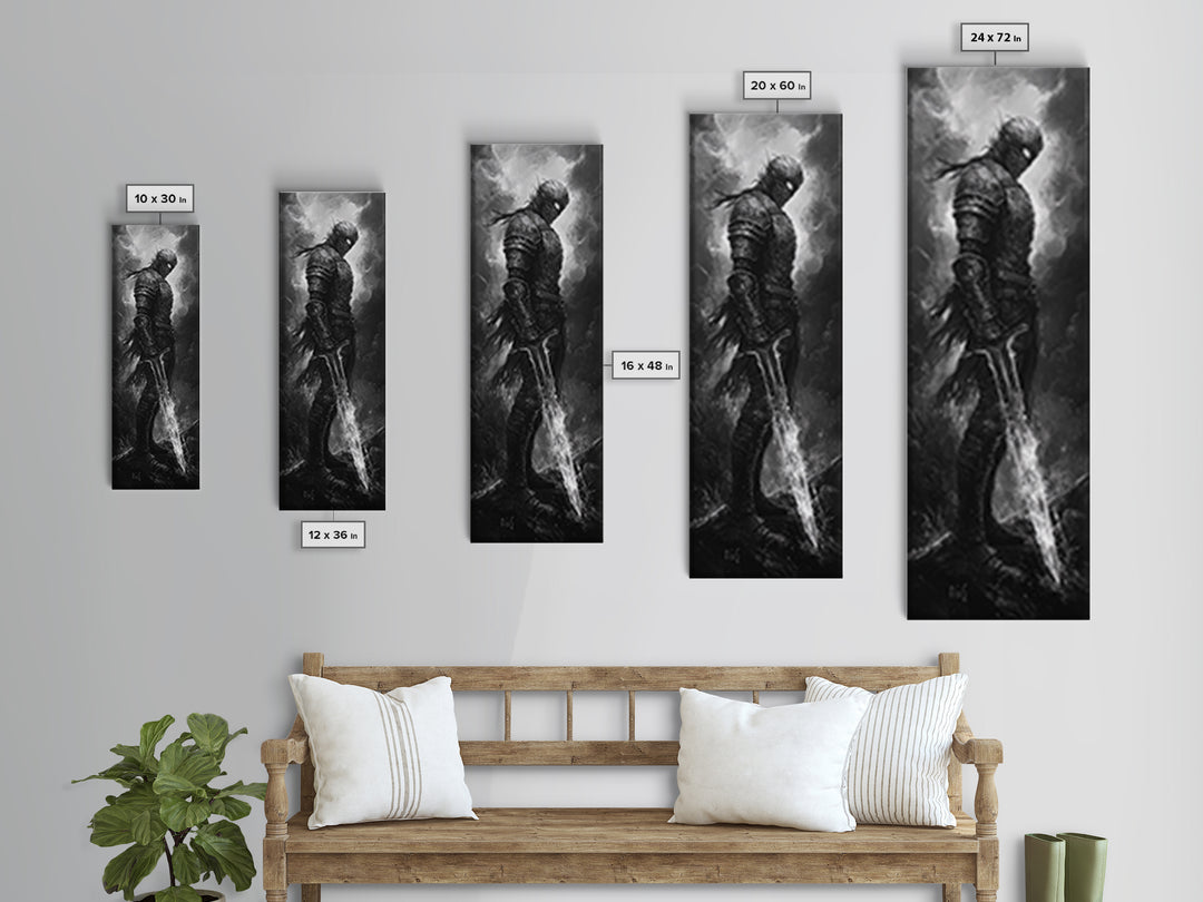 Storm Worn Dark Knight With Lightning Sword, Black And White Canvas Print, Gothic Fantasy Wall Art, Moody Medieval Decor