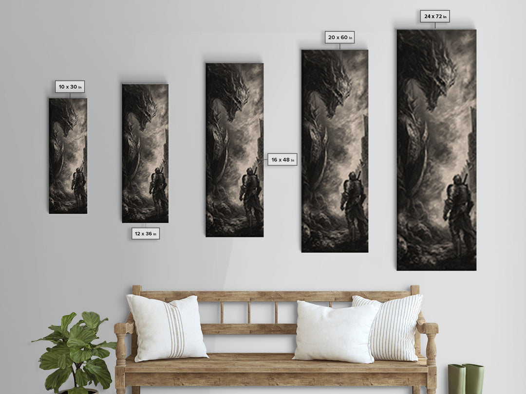 Lone Knight Facing Ancient Dragon In Ruins, Dark Fantasy Wall Art, Black And White Medieval Canvas, Gothic Office Decor Print
