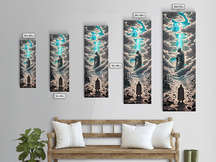 Floating Armored Knight Ascending Through Clouds, Celestial Fantasy Framed Canvas Print, Surreal Wall Art, Dreamy Room Decor