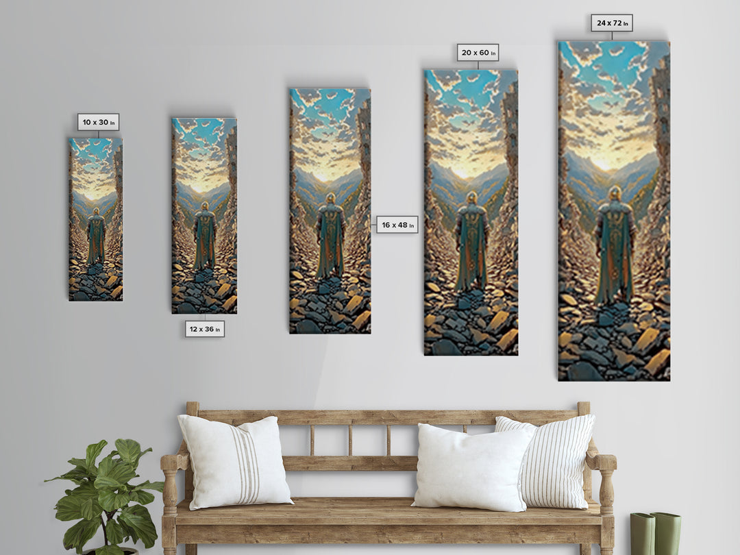 Knight Overlooking Golden Mountain Valley, Medieval Fantasy Canvas Print, Landscape Wall Art, Adventure Home Decor Gift For Him