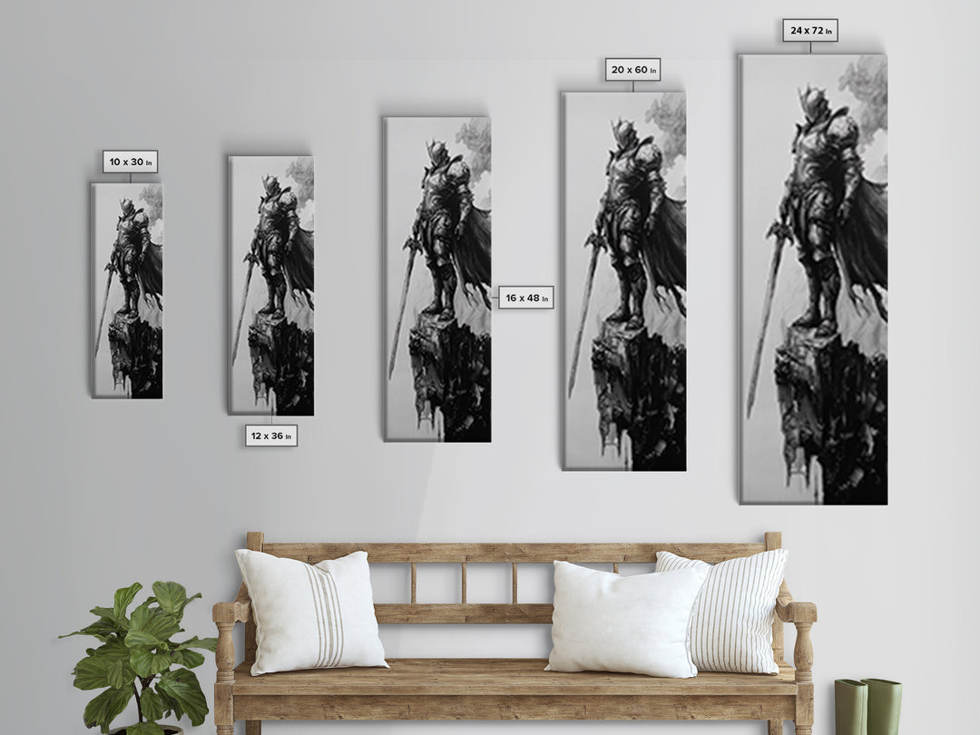 Skeletal Knight On Crumbling Cliff With Long Sword, Black And White Wall Art, Gothic Fantasy Canvas Print, Dark Medieval Decor