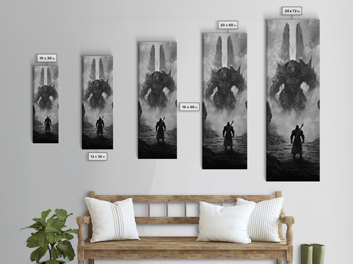 Warrior Facing Misty Armored Colossus, Dark Fantasy Wall Art, Black And White Framed Canvas Print, Epic Game Room Decor Gift