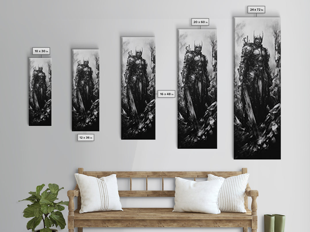 Crowned Dark Knight With Massive Sword In Ruins, Gothic Fantasy Canvas Print, Black And White Wall Art, Dark Academia Decor