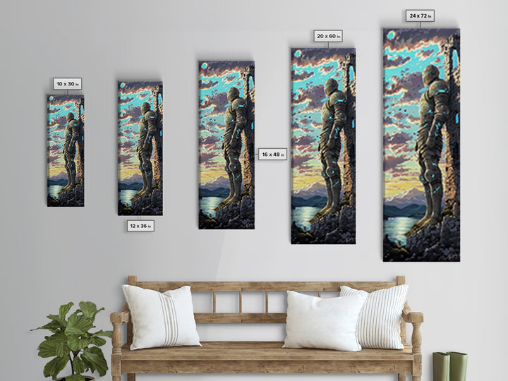 Blue Armored Knight Beside Castle At Lakeside Sunset, Medieval Fantasy Framed Canvas Print, Coastal Wall Art, Home Decor
