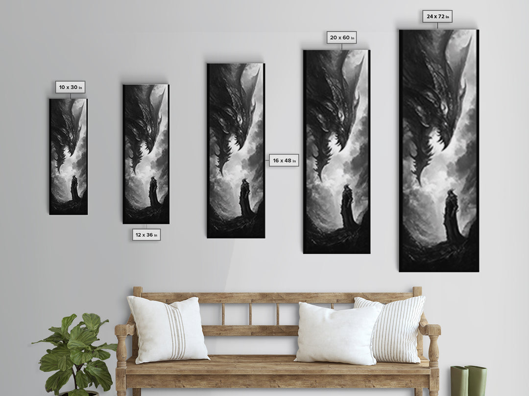 Monochrome Dragon And Lone Knight Wall Art, Dark Fantasy Art Print, Gothic Wall Decor, Black And White Art, Gamer Room Decor