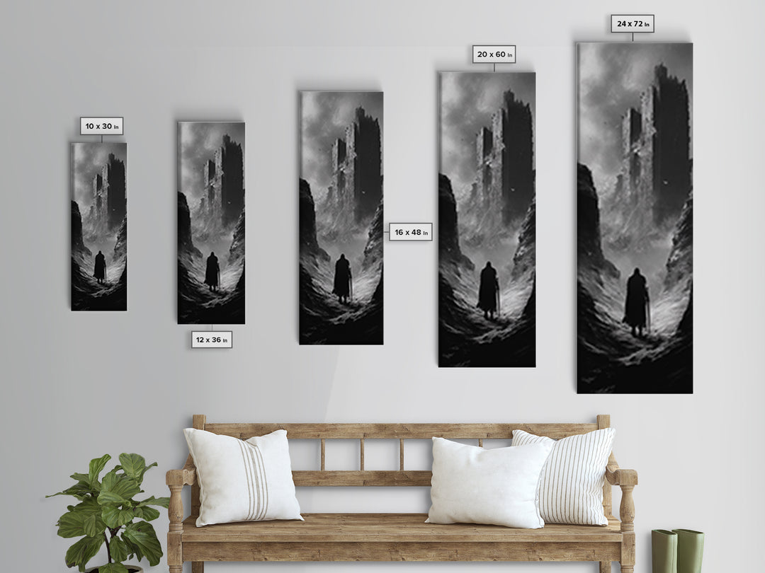 Misty Black Castle Valley With Lone Traveler Wall Art, Dark Academia Decor, Gothic Landscape, Black And White Fantasy Print