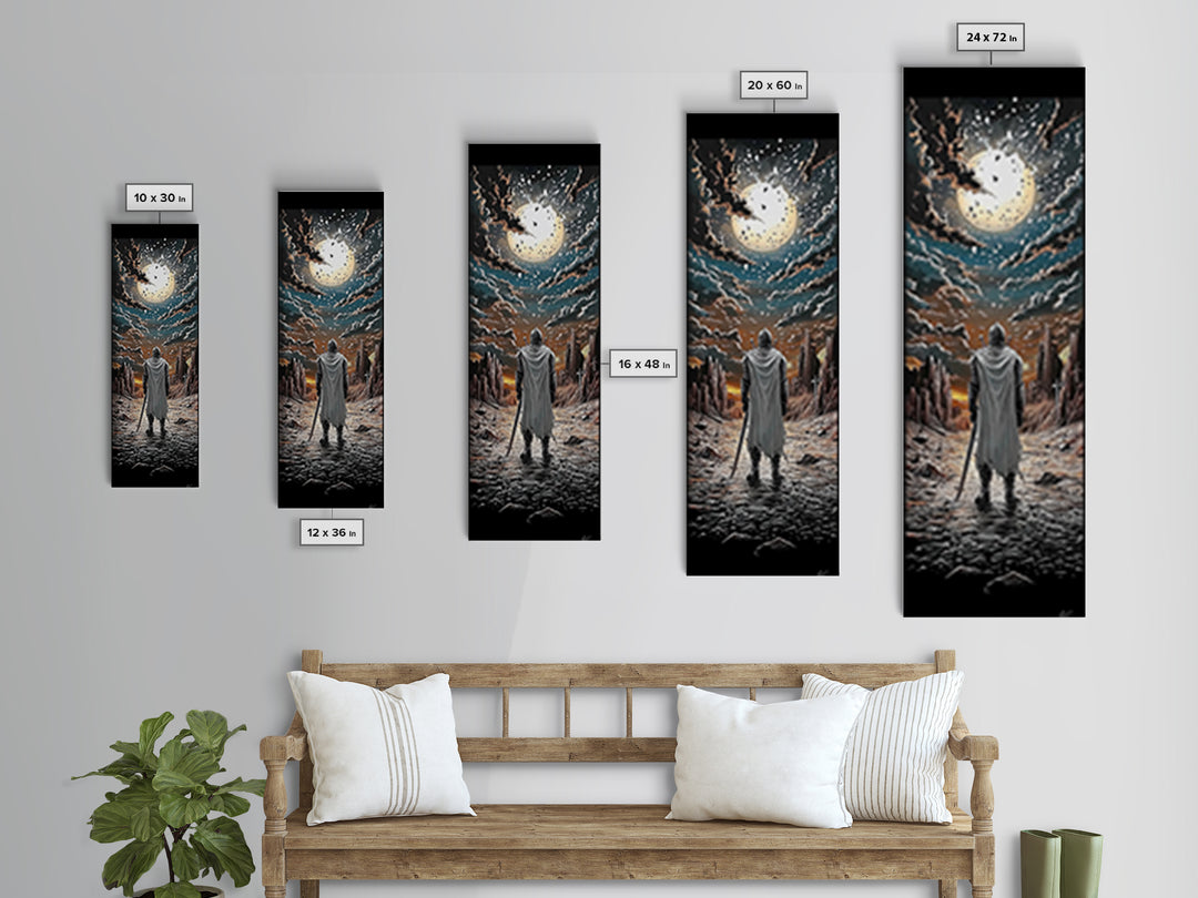 White Cloaked Knight Under Eclipse Moon Canvas Print, Fantasy Wall Art, Dark Landscape Decor, Gamer Room Wall Art Gift For Him