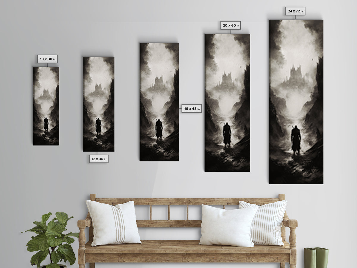 Cloaked Wanderer Approaching Misty Castle Wall Art, Dark Fantasy Print, Gothic Wall Decor, Black And White Landscape Art