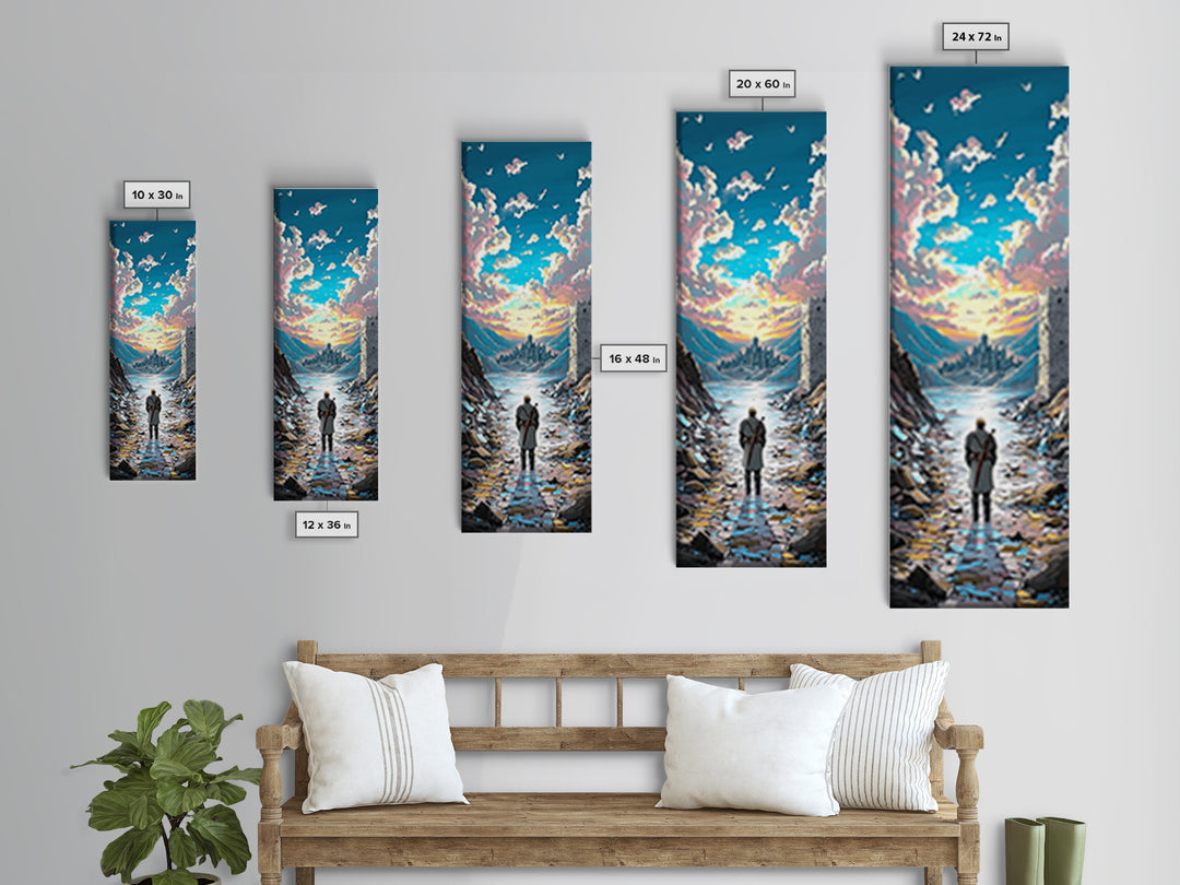 Lone Traveler In Snowy Mountain Valley, Birds And Sunset Fantasy Wall Art, Vertical Canvas Print, Nature Landscape Decor
