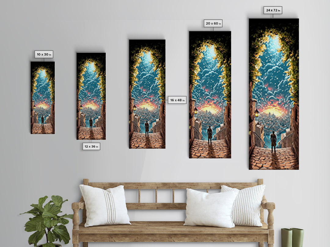 Cobblestone Stairway To Glowing Coastal City, Birds And Sunset Canvas Print, Fantasy Wall Art, Travel Inspired Home Decor
