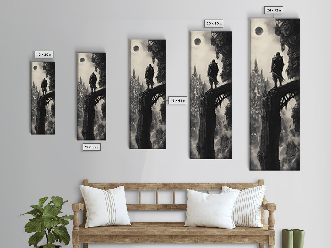 Moonlit Gothic Warrior On Shadow Bridge, Black And White Wall Art, Dark Fantasy Canvas Print, Moody Castle Office Wall Decor