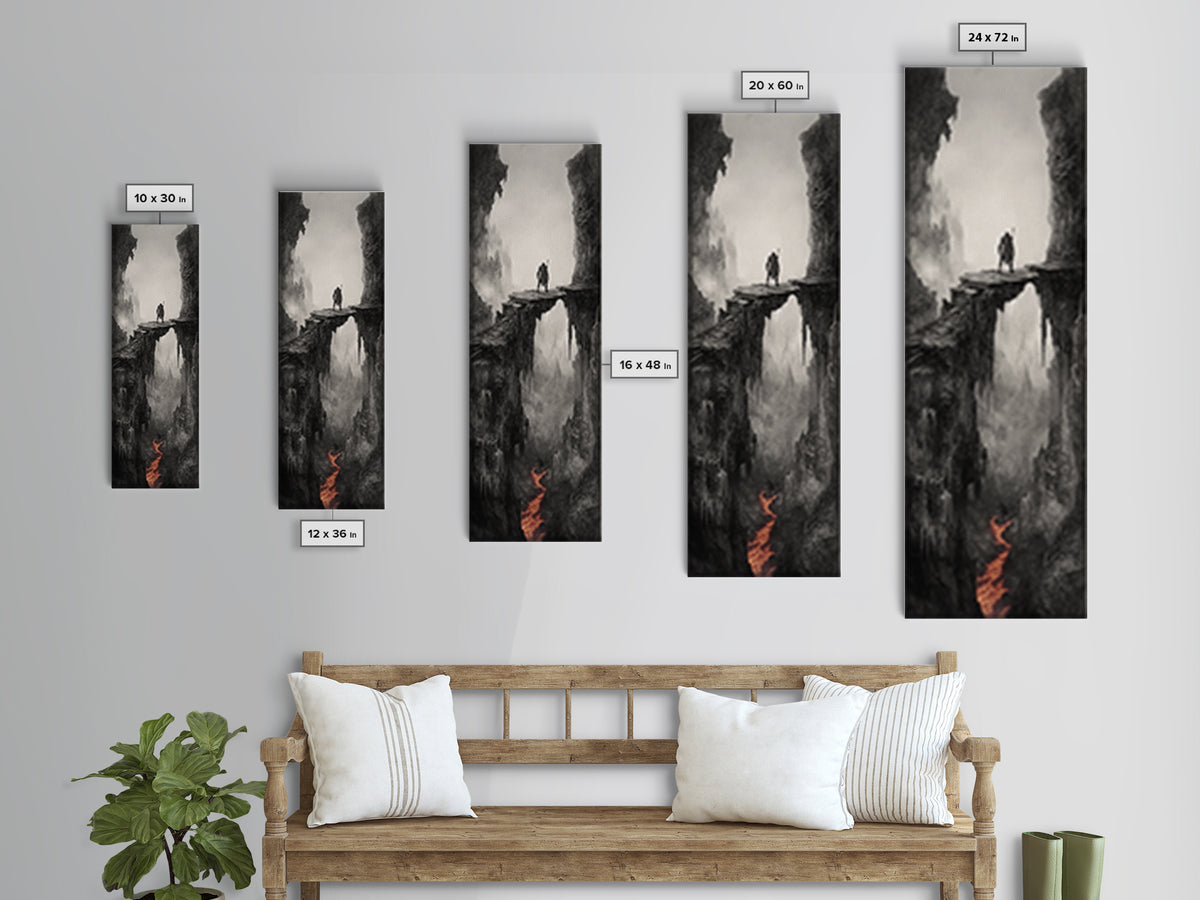 Warrior Above Lava Chasm In Dark Canyon, Black And White Wall Art, Gothic Fantasy Canvas Print, Moody Landscape Home Decor