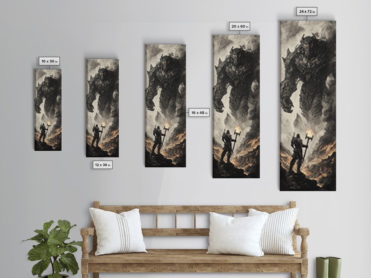 Torch Bearer Facing Colossal Demon, Dark Fantasy Wall Art, Gothic Canvas Print, Dramatic Warrior Statement Artwork Home Decor