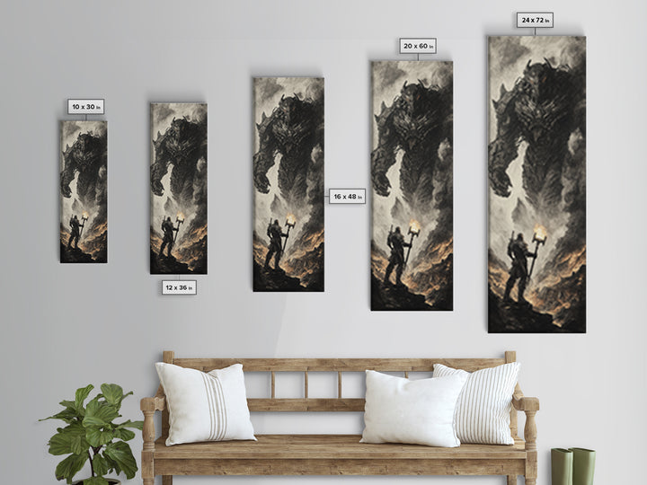 Torch Bearer Facing Colossal Demon, Dark Fantasy Wall Art, Gothic Canvas Print, Dramatic Warrior Statement Artwork Home Decor