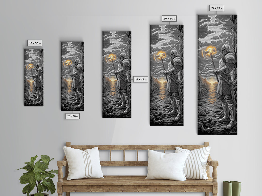 Armored Knight With Glowing Axe On Stormy Shore, Black And White Wall Art, Medieval Fantasy Canvas Print, Masculine Decor