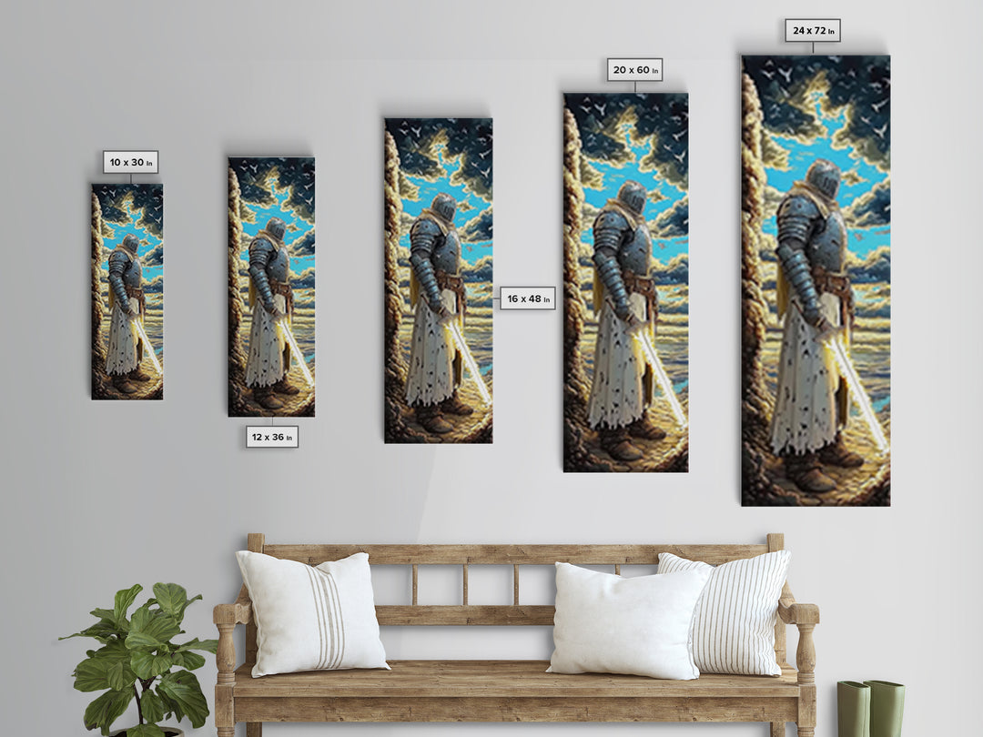 Silver Knight With Glowing Sword By Sea Cliffs, Fantasy Canvas Print, Medieval Wall Art, Dramatic Coastal Home Office Decor